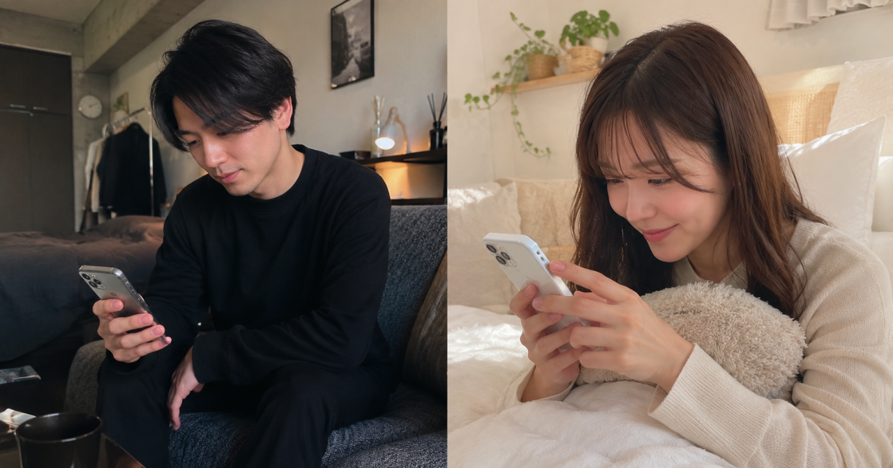 部屋でそれぞれスマホを見る男女